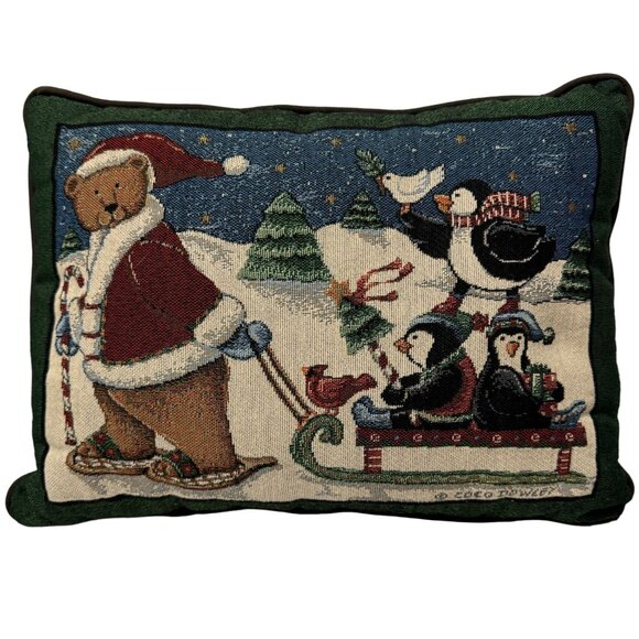 Christmas Tapestry Pillow Santa Bear Pulling Sled of Penguin Vintage Coco Dowley - Picture 1 of 11